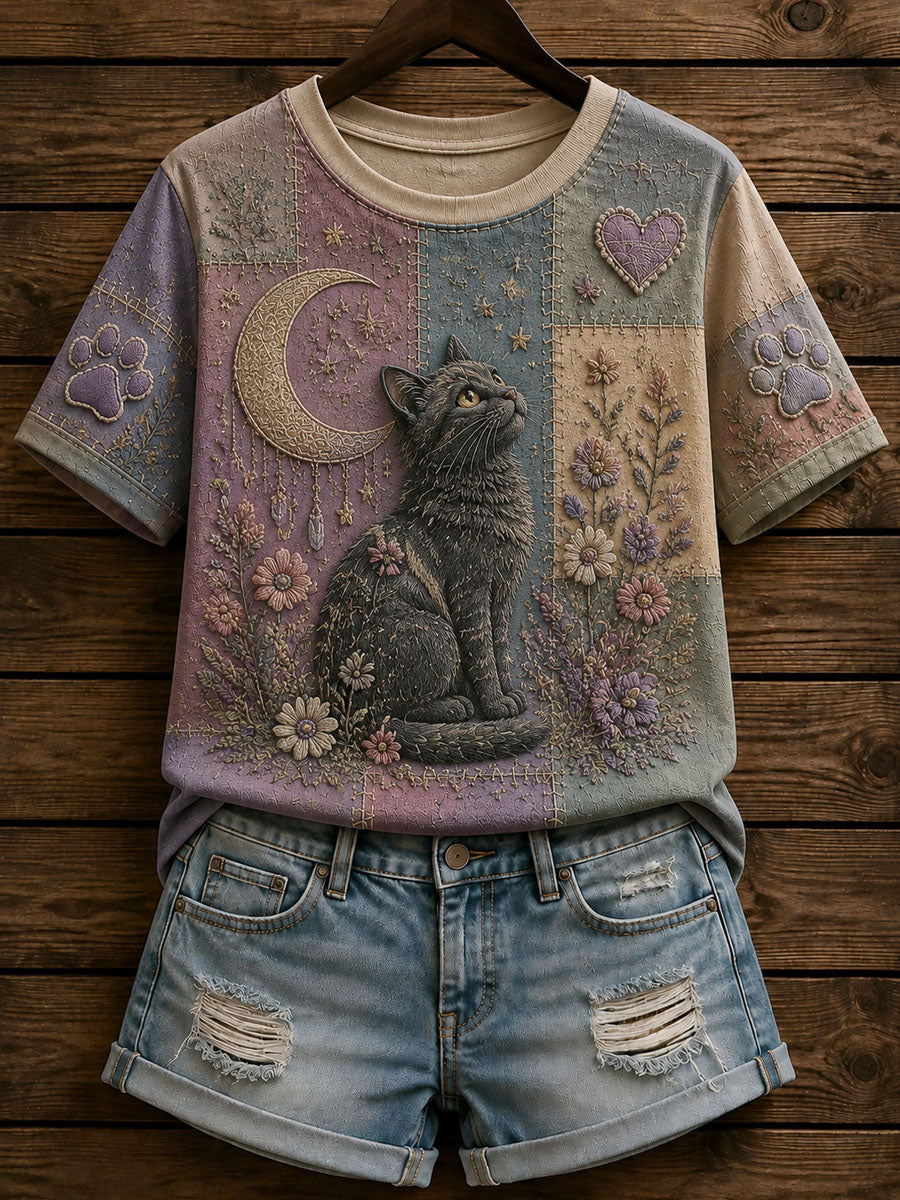 Women’s Patchwork Cute Cat Print Casual T-shirt
