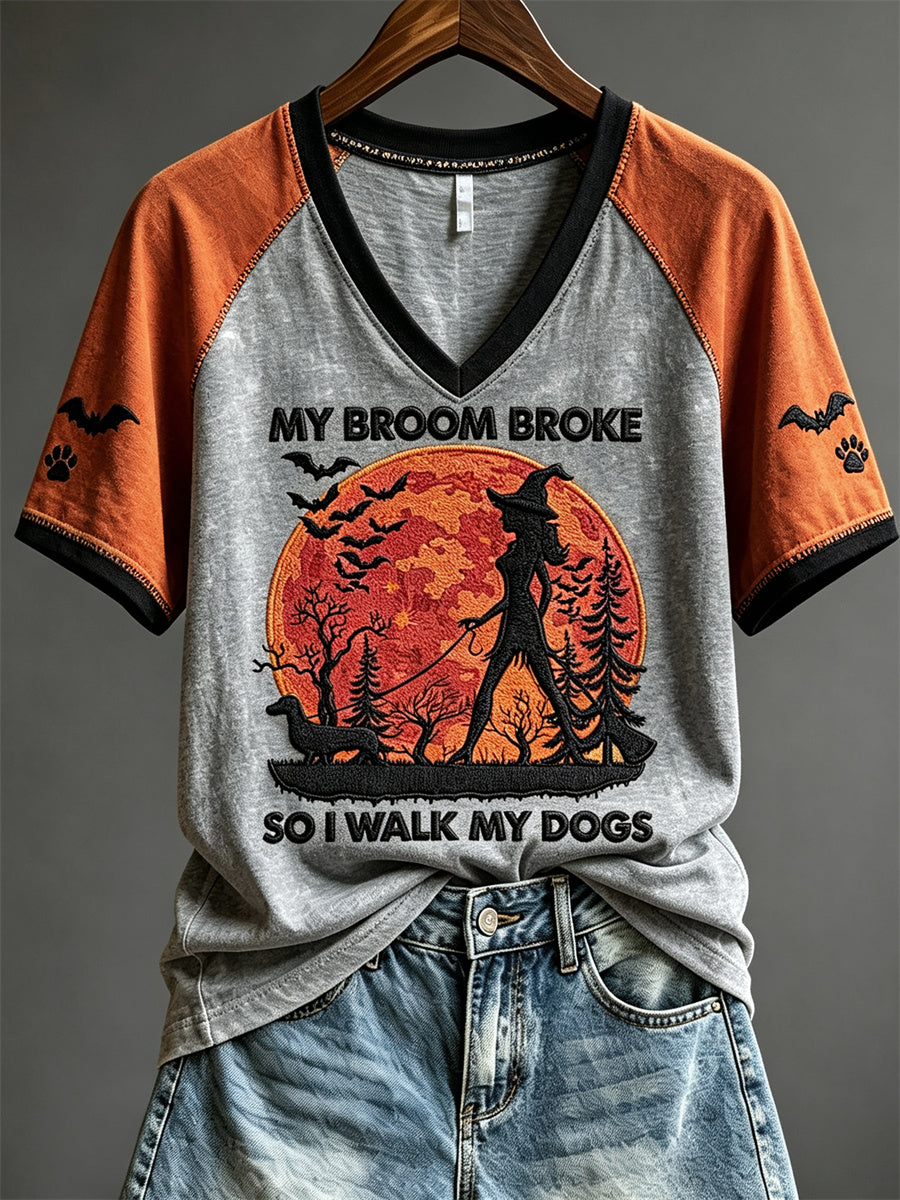 Women's My Broom Broke So I Walk My Dogs Halloween Witch & Dachshund Dog Print short-sleeved T-shirt