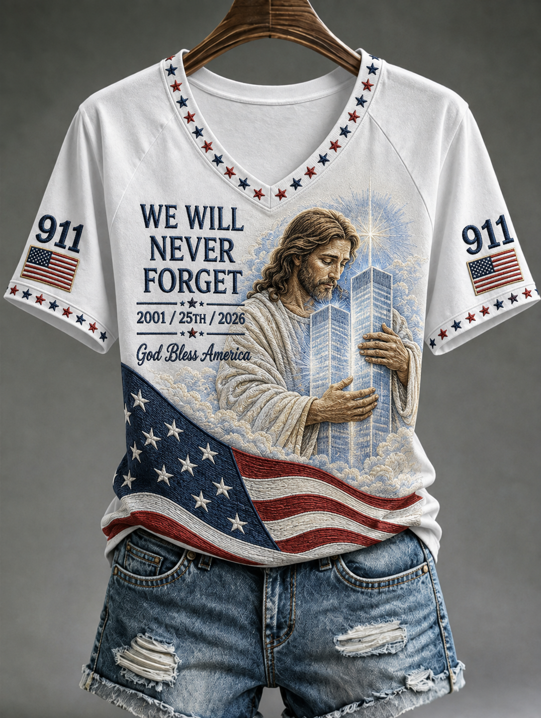 Women's WE WILL NEVER FORGET 2001/25TH/2026 God Bless America T-shirt