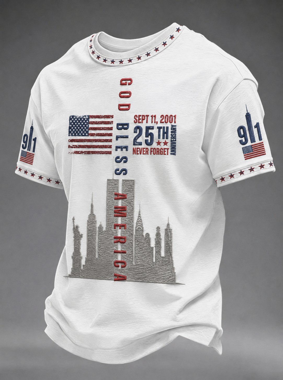 Men's WE WILL NEVER FORGET 2001/25TH/2026 God Bless America t-shirt