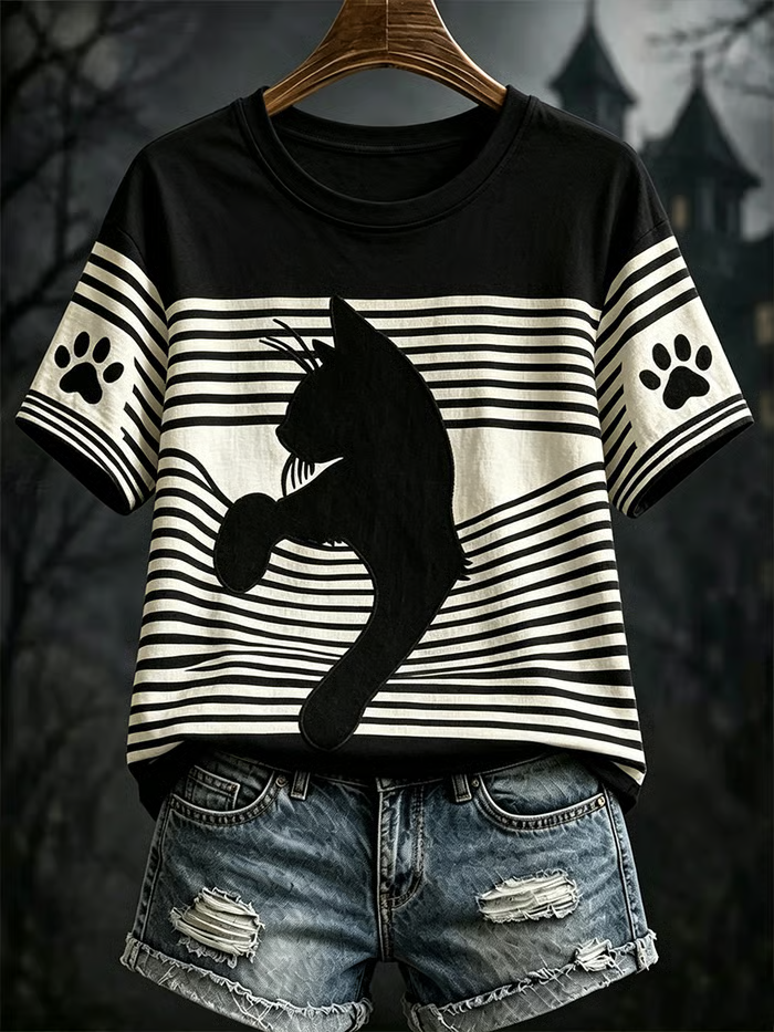 Women's Halloween Cat Short-sleeved T-shirt