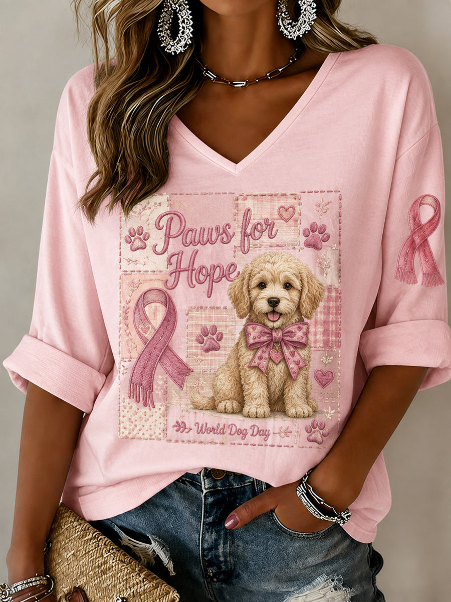 Women's Breast Cancer Awareness And Animal Print V-Neck Long-Sleeved Top