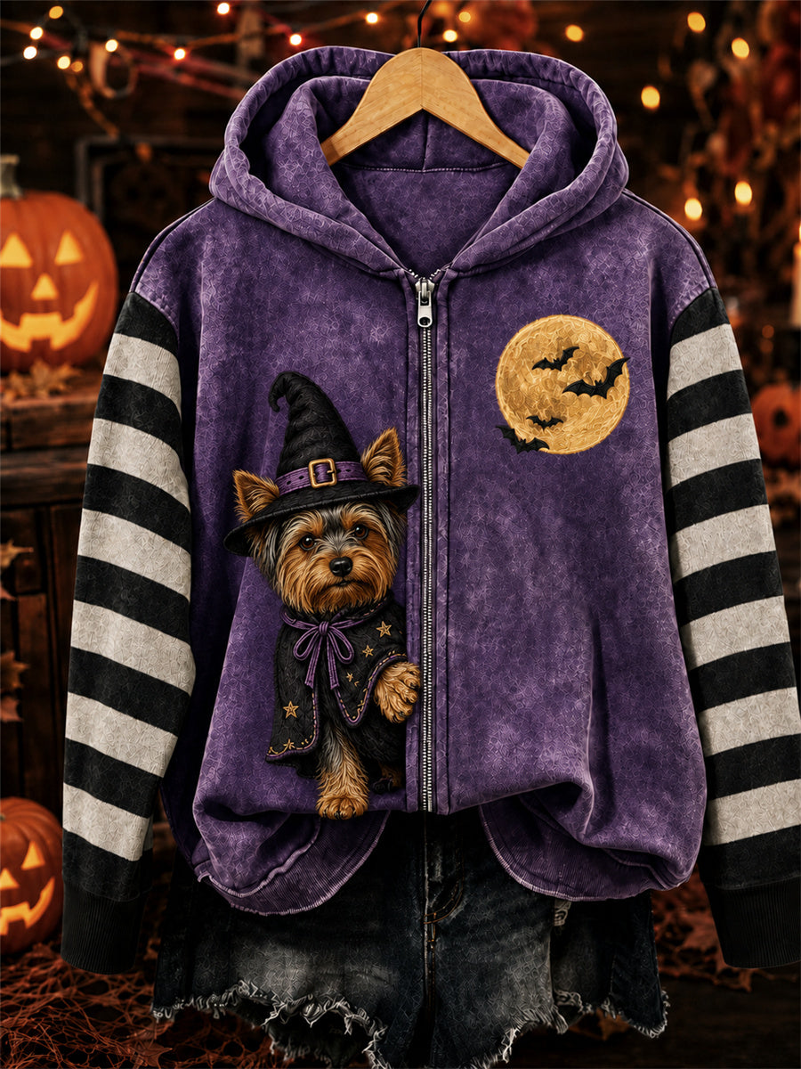 Women's Halloween Peeking Yorkshire Dog Witch Print Full Zip Hoodie
