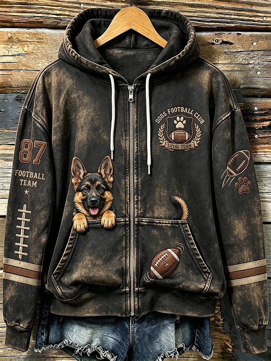 Women's Cute Football German Shepherd Print Comfy Zip-Up Hoodie
