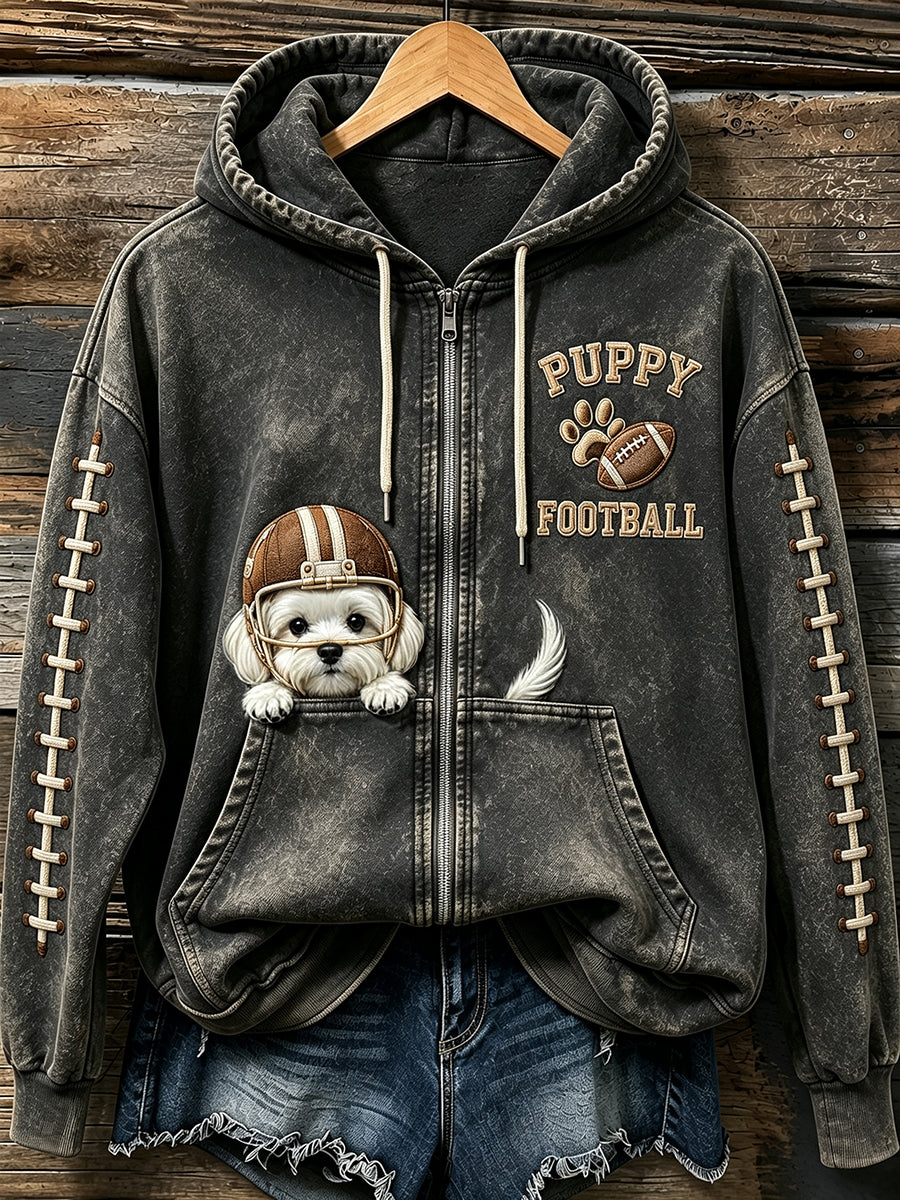 Women's Lovely Football Maltese Print Comfy Zip-Up Hoodie