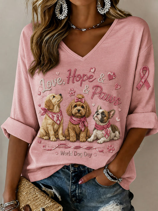 Women's Breast Cancer Awareness And Animal Print V-Neck Long-Sleeved Top