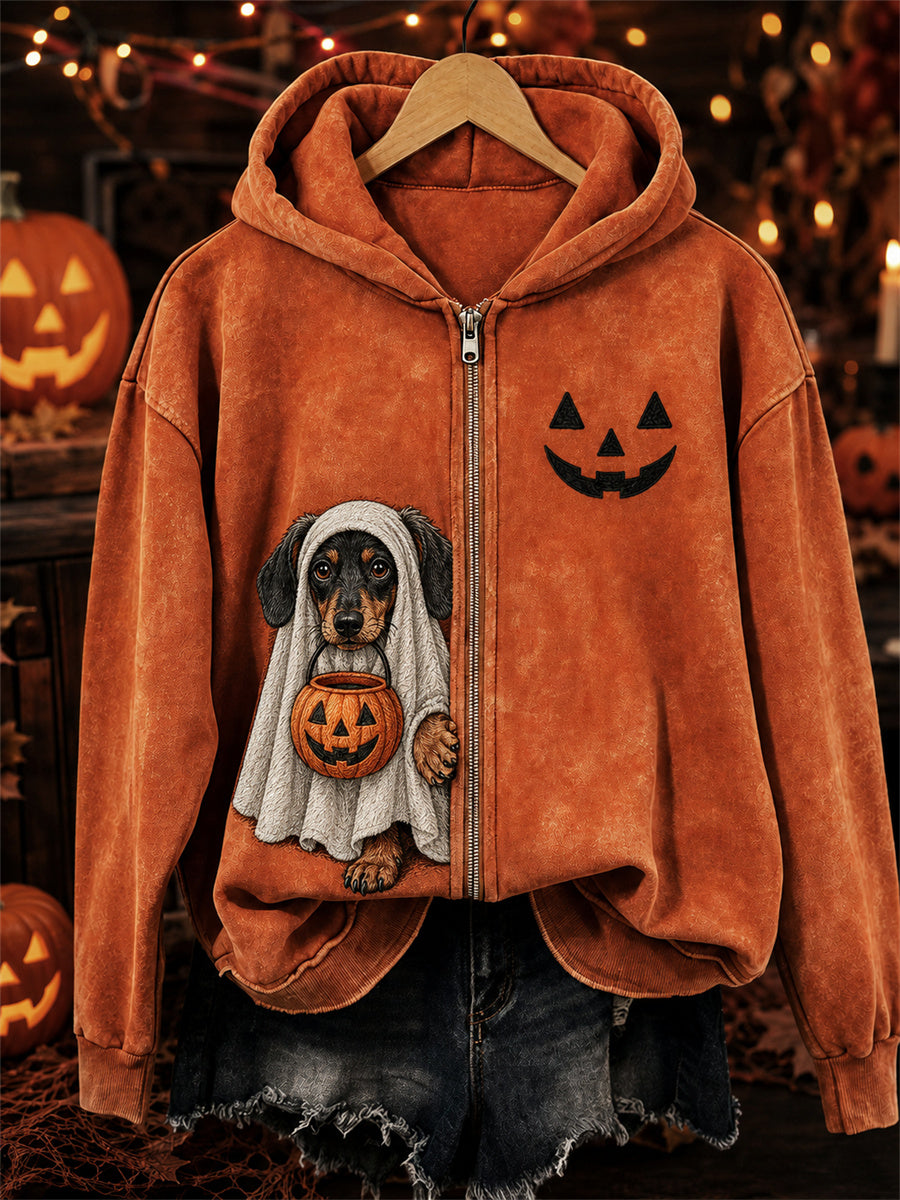 Women's Halloween Peeking Dachshund Dog Ghost Print Full Zip Hoodie