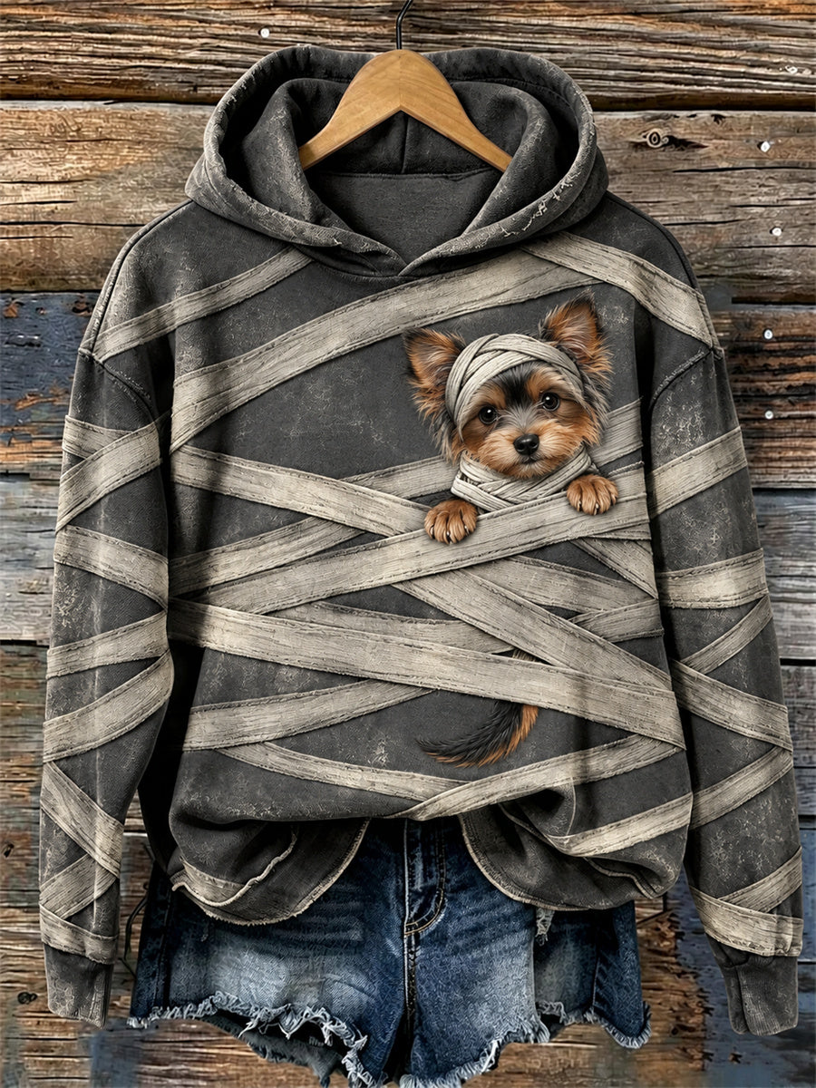 Women's Halloween Peeking Mummy Yorkshire Dog Bandages Print Hoodie