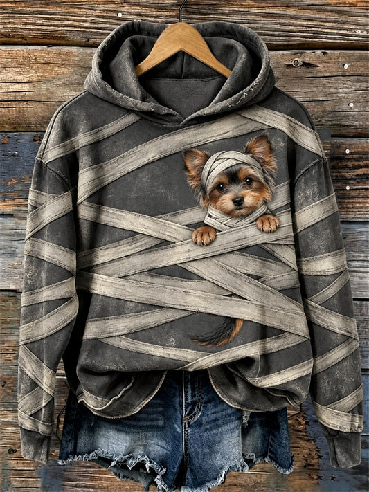 Women's Halloween Peeking Mummy Yorkshire Dog Bandages Print Hoodie