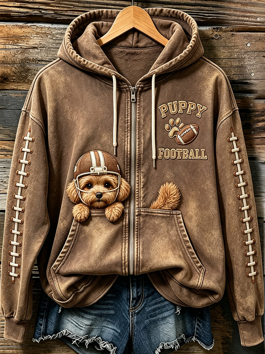Women's Cute Football Dog Print Comfy Zip-Up Hoodie