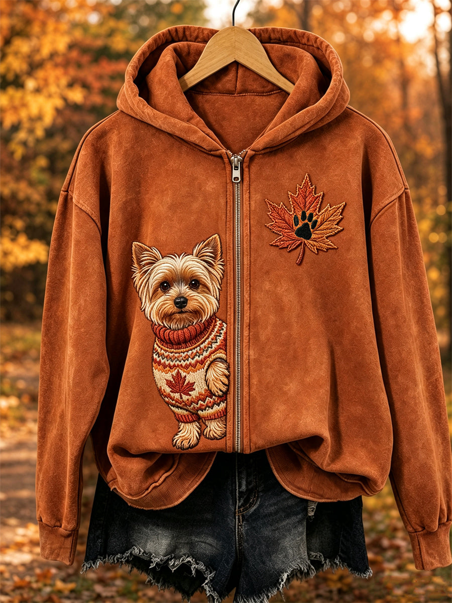 Women's Fall Cozy Peeking Yorkshire Dog & Leaf Print Full Zip Hoodie