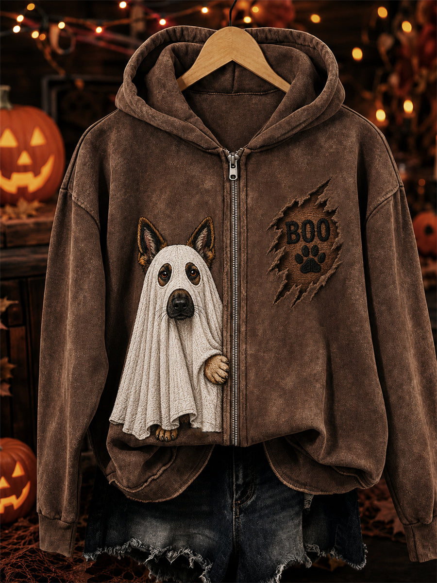 Women's Boo Halloween Peeking German Shepherd Dog Ghost Print Full Zip Hoodie