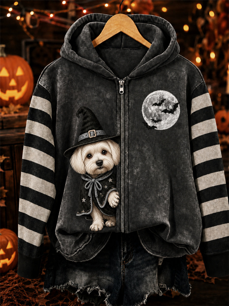 Women's Halloween Peeking Maltese Dog Witch Print Full Zip Hoodie