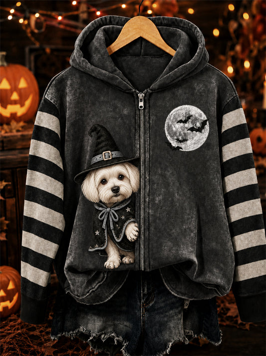 Women's Halloween Peeking Maltese Dog Witch Print Full Zip Hoodie