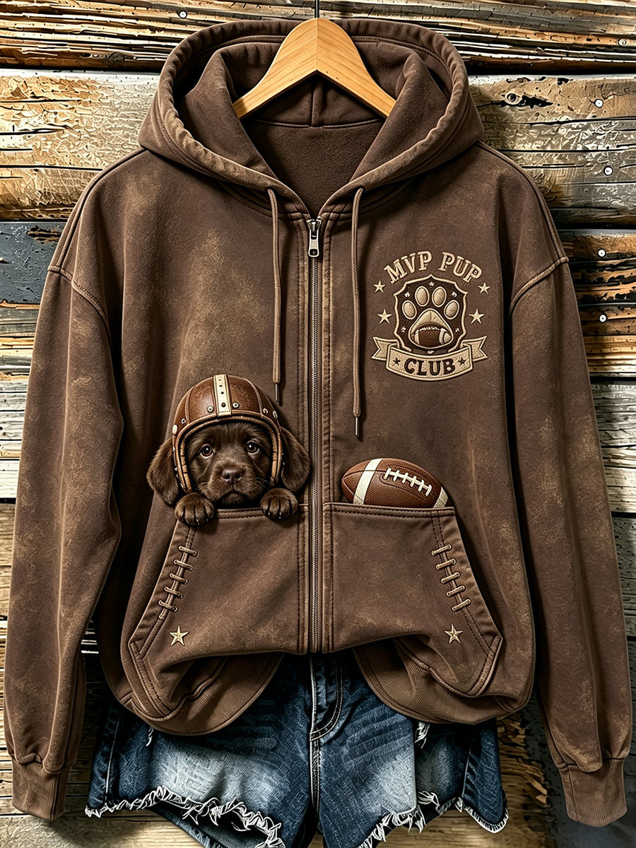 Women's Cute Football Labrador Retriever Print Comfy Zip-Up Hoodie