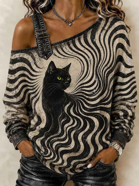 Women’s Black Cat Stripes Print Casual Off-Shoulder Sweatshirt
