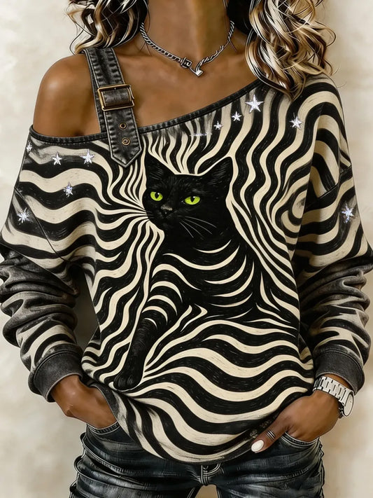 Women’s Black Cat Stripes Print Casual Off-Shoulder Sweatshirt