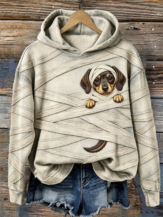 Women's Halloween Peeking Dachshund Dog Mummy Bandages Print Cozy Hoodie