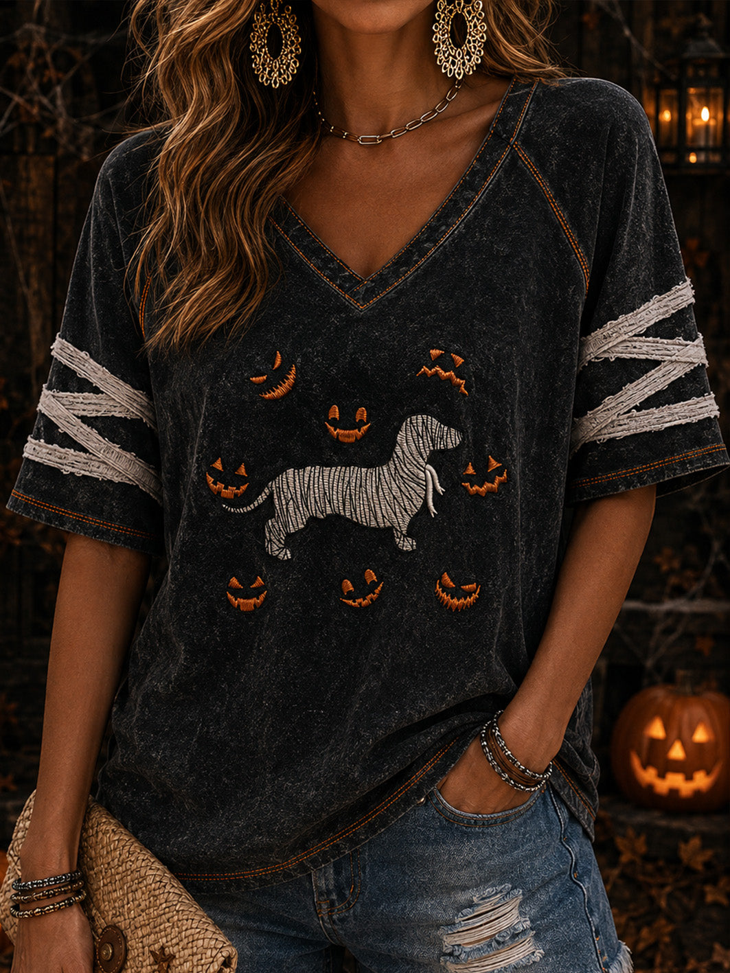 Women's Halloween Style Cute Dog Pattern Printed Casual Short Sleeve T-Shirt