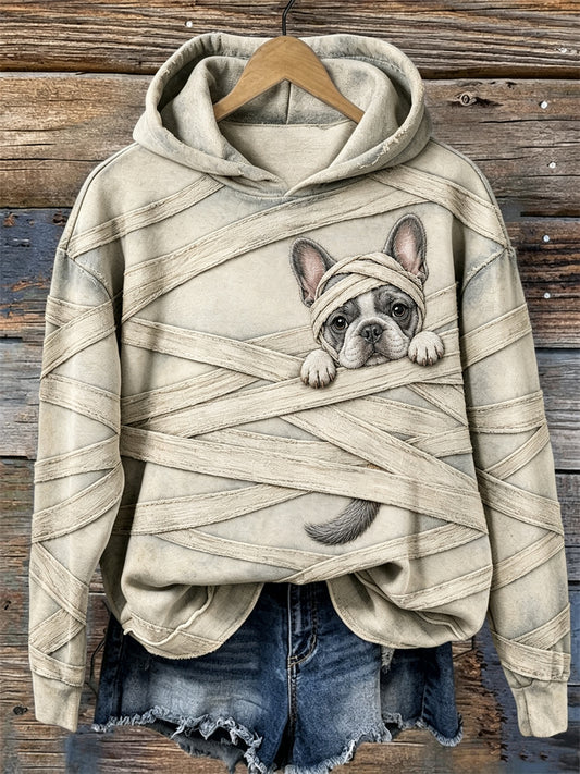 Women's Halloween Peeking French Bulldog Mummy Bandages Print Cozy Hoodie