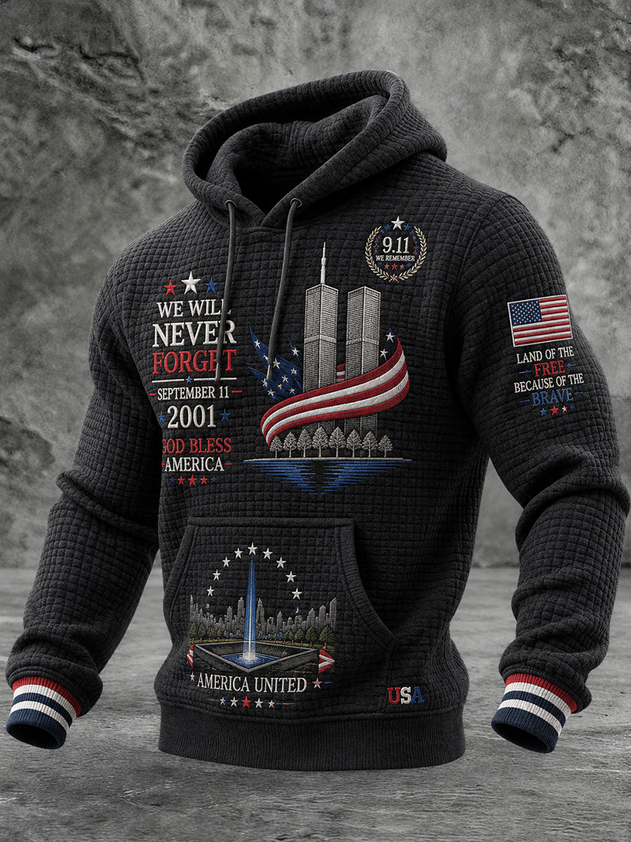 Men's Patriotic Commemorative Print Waffle-Knit Long-Sleeve Hoodie