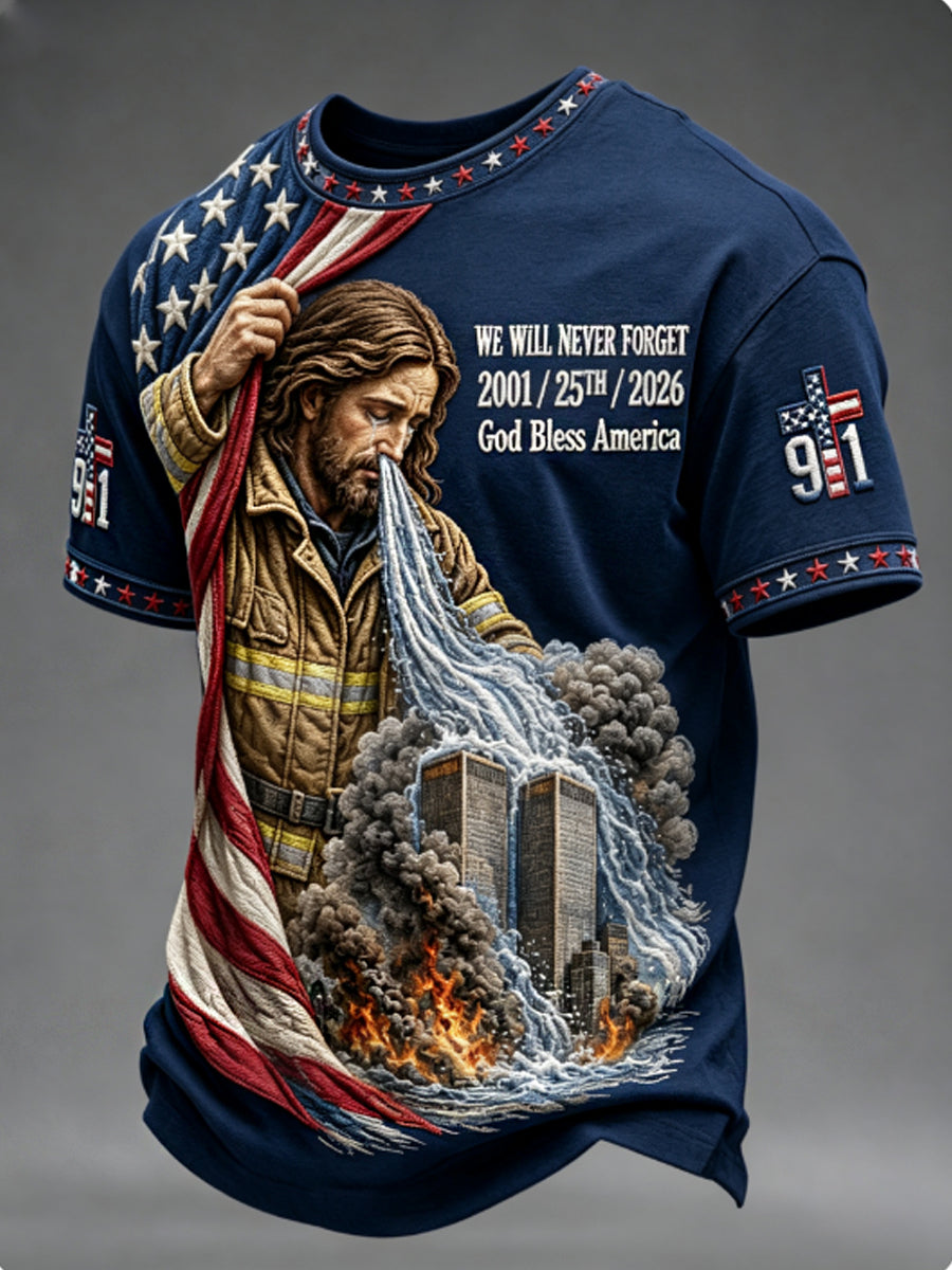 Men's WE WILL NEVER FORGET 2001/25TH/2026 God Bless America t-shirt