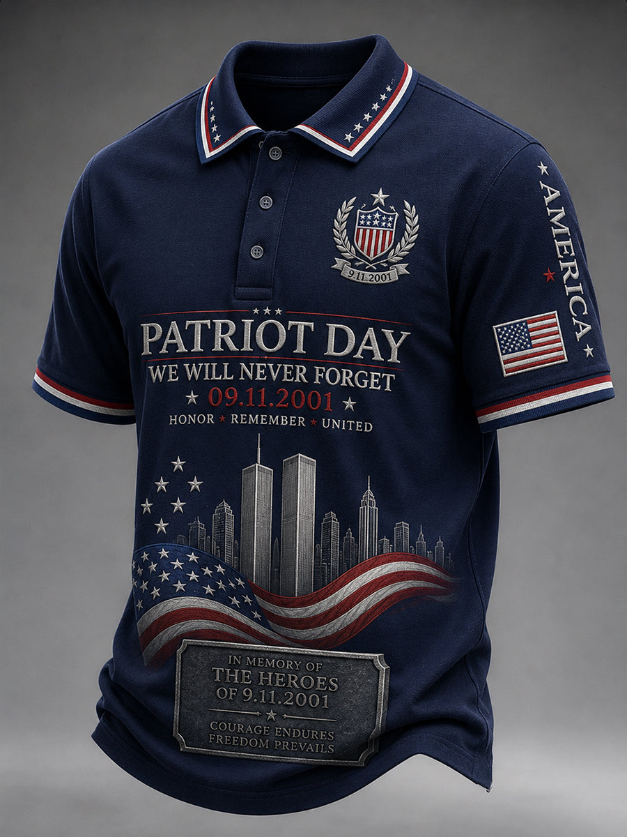 Men's Patriotic Commemorative Print Short-Sleeve Polo Shirt