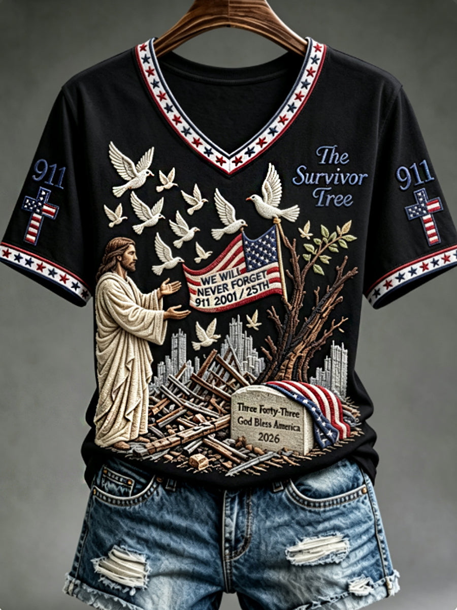 Women's WE WILL NEVER FORGET 2001/25TH/2026 God Bless America T-shirt