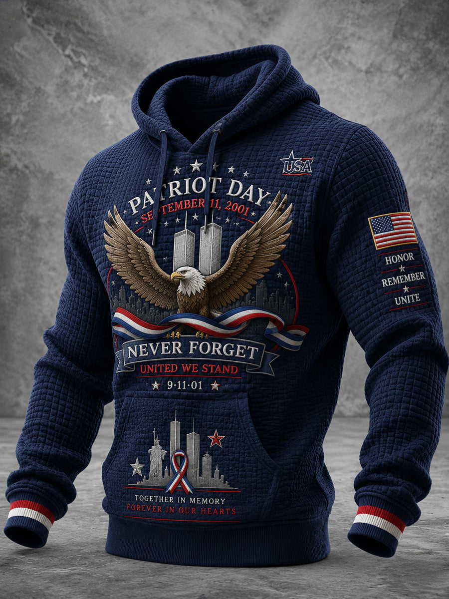 Men's Patriotic Commemorative Print Waffle-Knit Long-Sleeve Hoodie