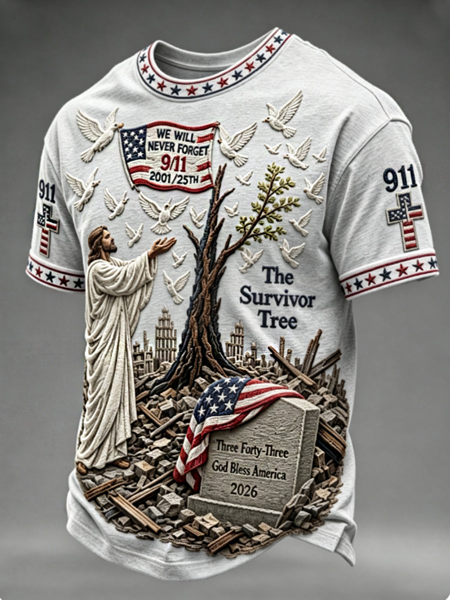 Men's WE WILL NEVER FORGET 2001/25TH/2026 God Bless America T-shirt