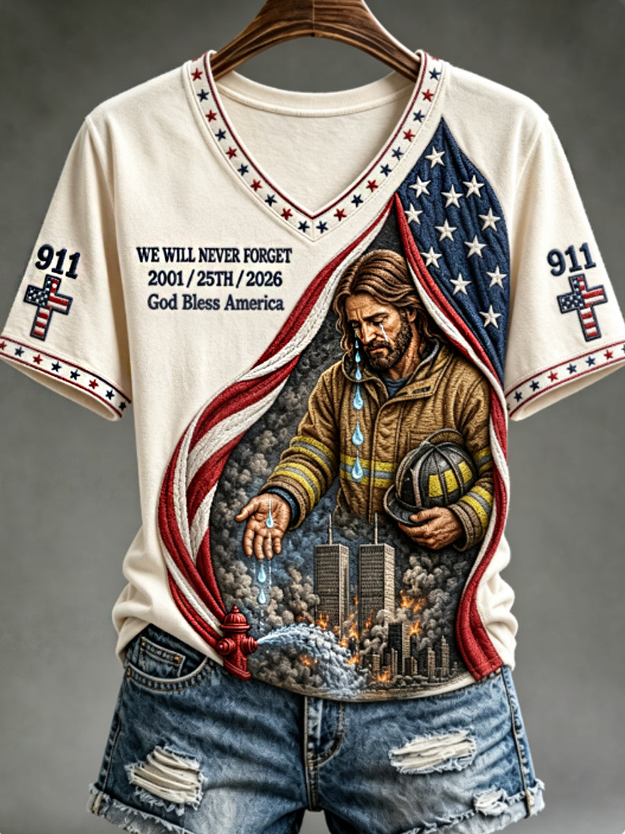 Women's WE WILL NEVER FORGET 2001/25TH/2026 God Bless America t-shirt
