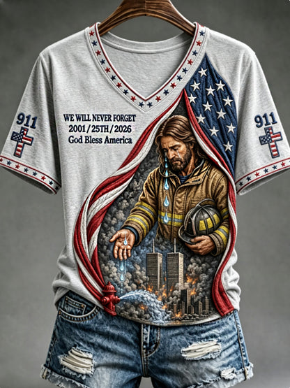Women's WE WILL NEVER FORGET 2001/25TH/2026 God Bless America t-shirt