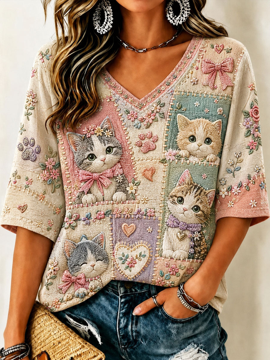 Women’s Cat-themed Patchwork Printed Casual T-shirt