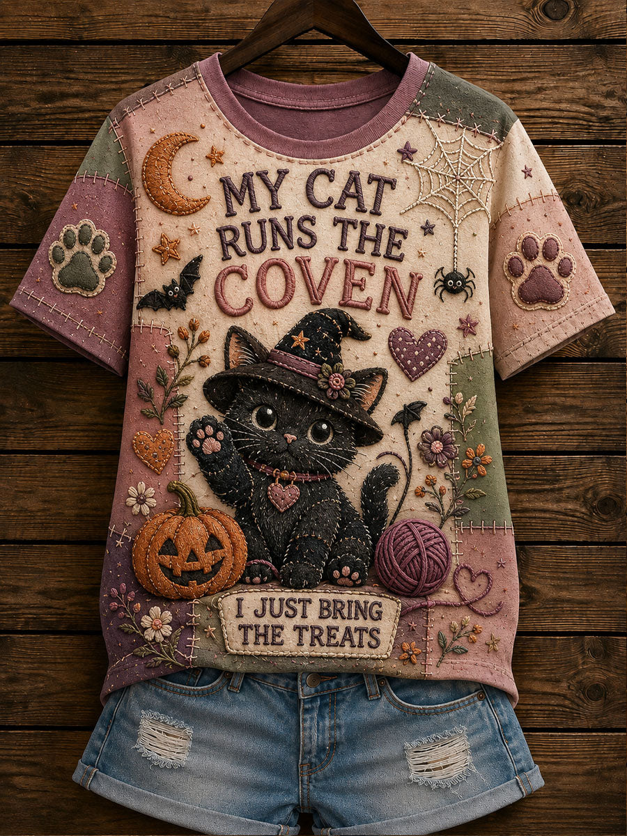 Women's Patchwork Cat-Print Casual T-Shirt