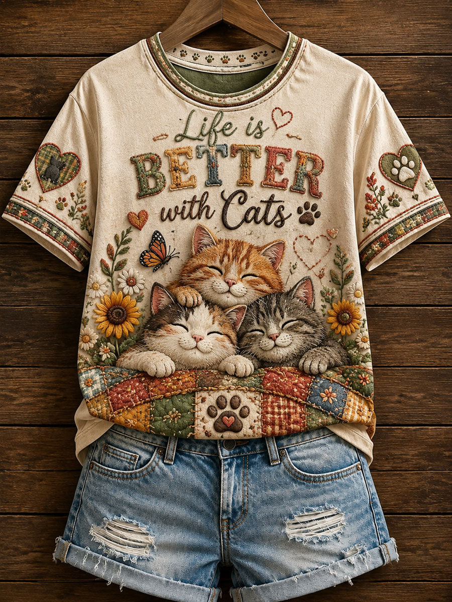 Women’s Cat-themed Patchwork Printed Casual T-shirt