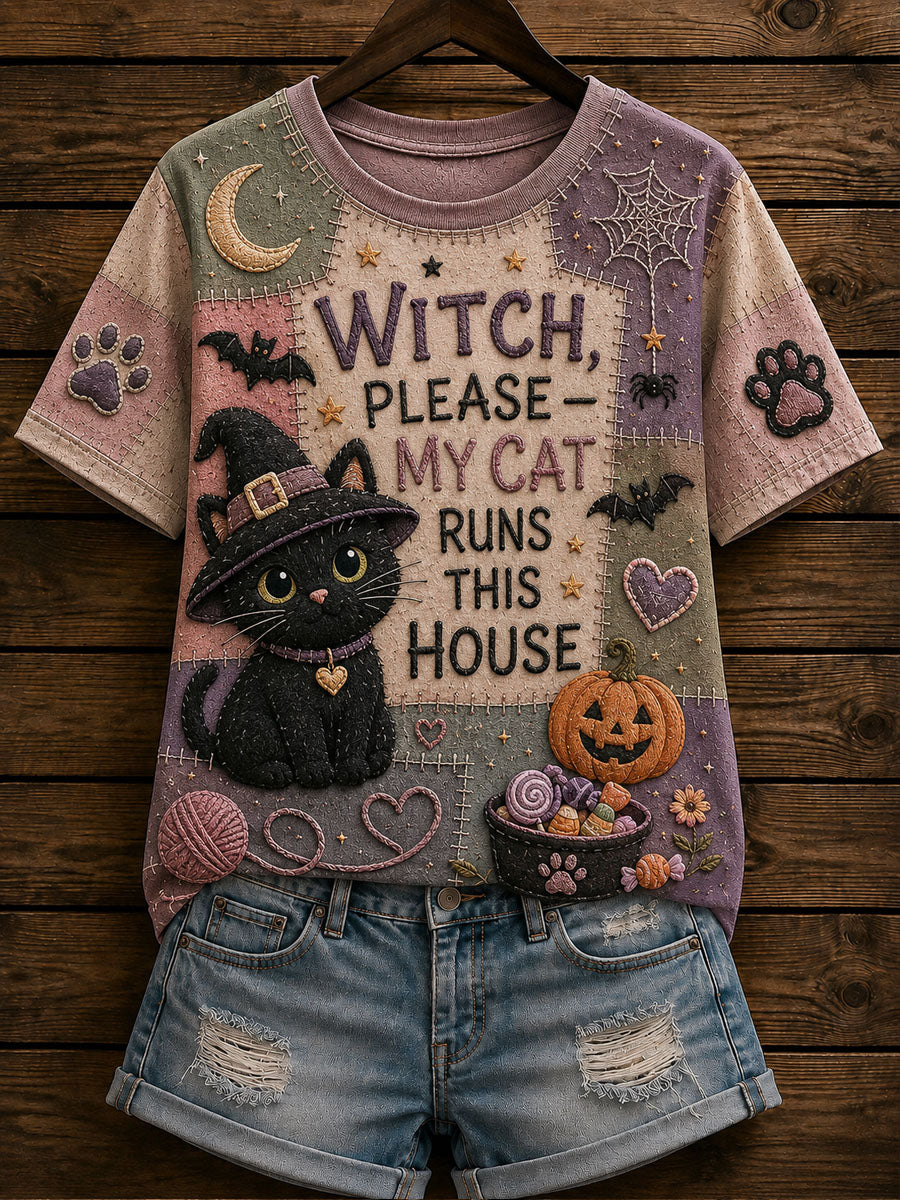 Women's Patchwork Cat-Print Casual T-Shirt
