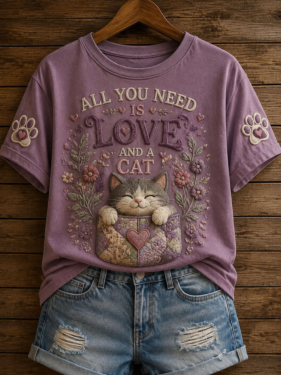 Women’s Cat-themed Patchwork Printed Casual T-shirt