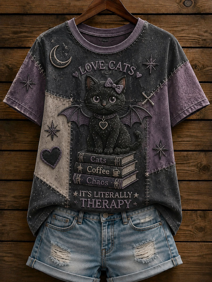 Women's Patchwork Cat-Print Casual T-Shirt