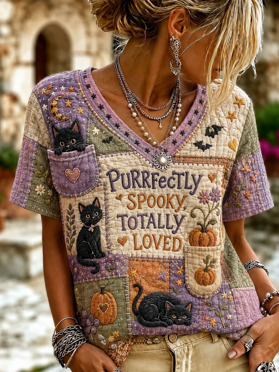 Women’s Cat-themed Patchwork Printed Casual T-shirt