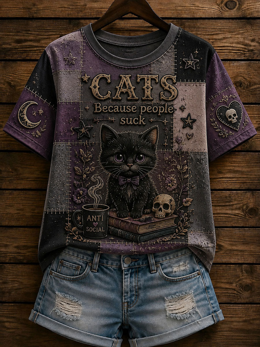 Women's Patchwork Cat-Print Casual T-Shirt