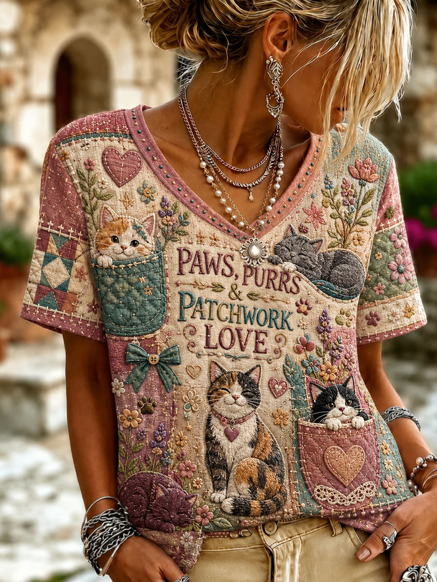 Women’s Cat-themed Patchwork Printed Casual T-shirt