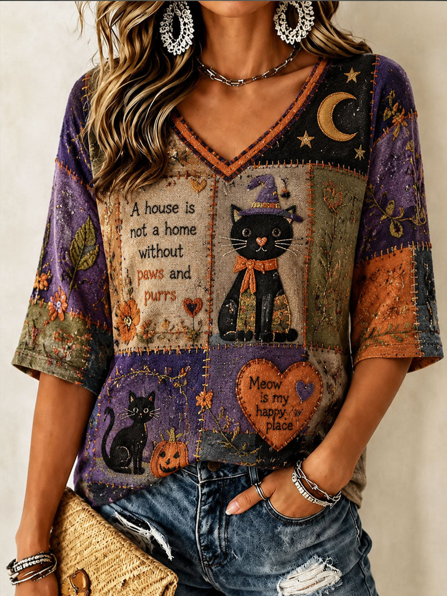 Women’s Cat-themed Patchwork Printed Casual T-shirt