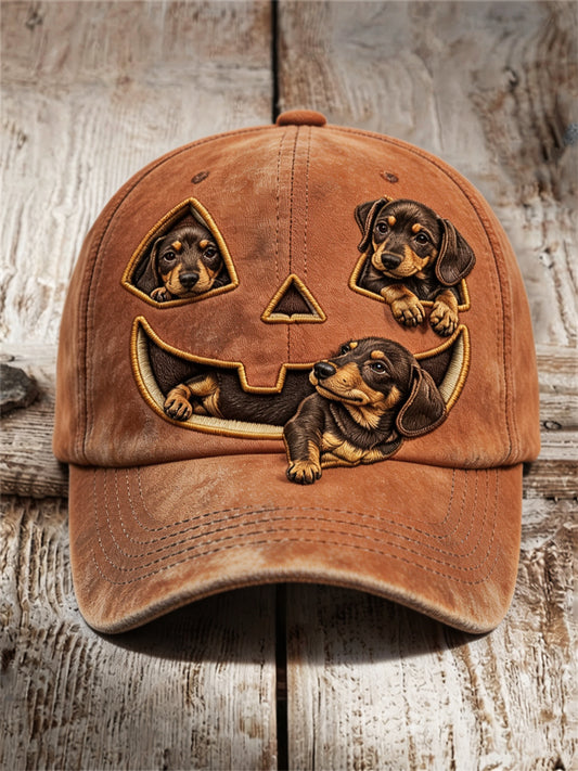 Unisex Halloween Lovely Peeking Dachshund Dogs Pumpkin Face Print Cap