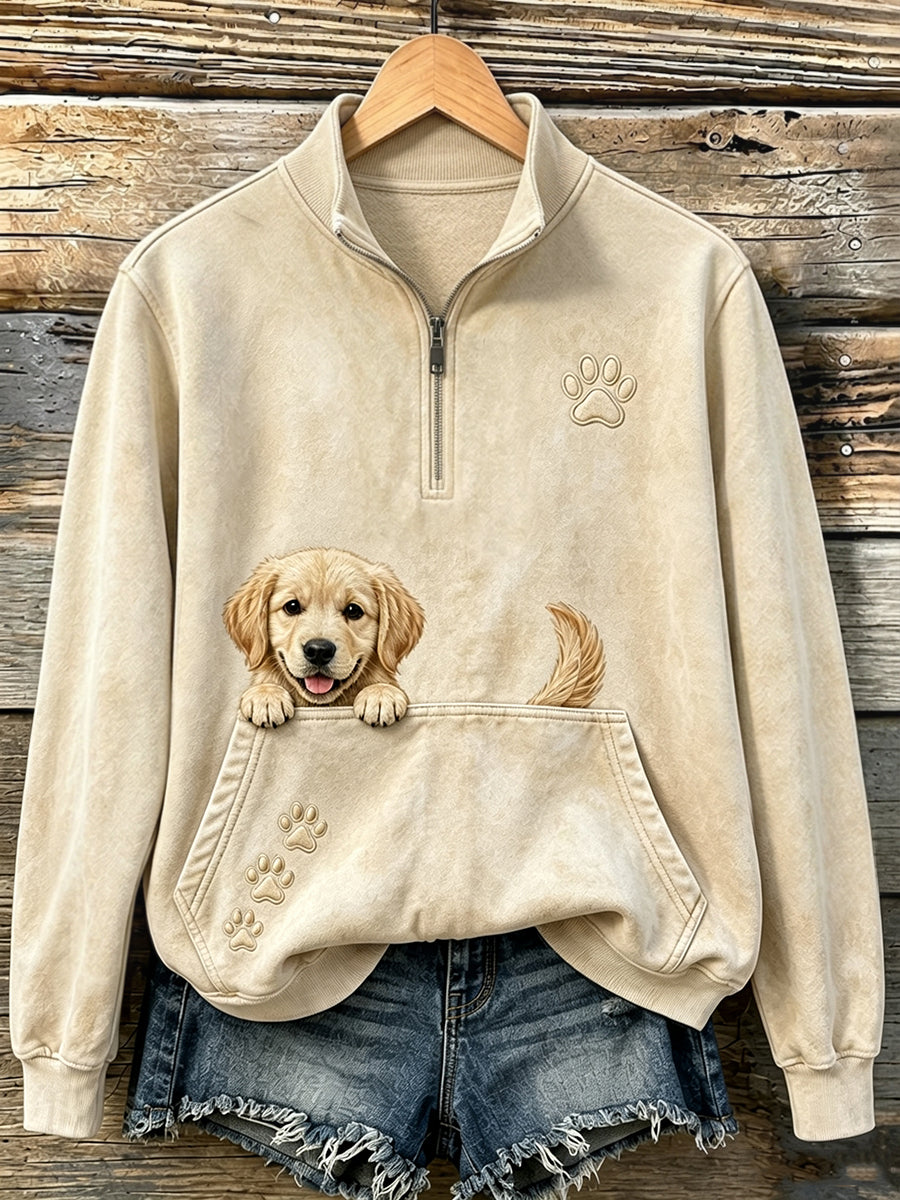 Women's Cute Peeking Golden Retriever & Paws Print Casual 1/4 Zipper Sweatshirt