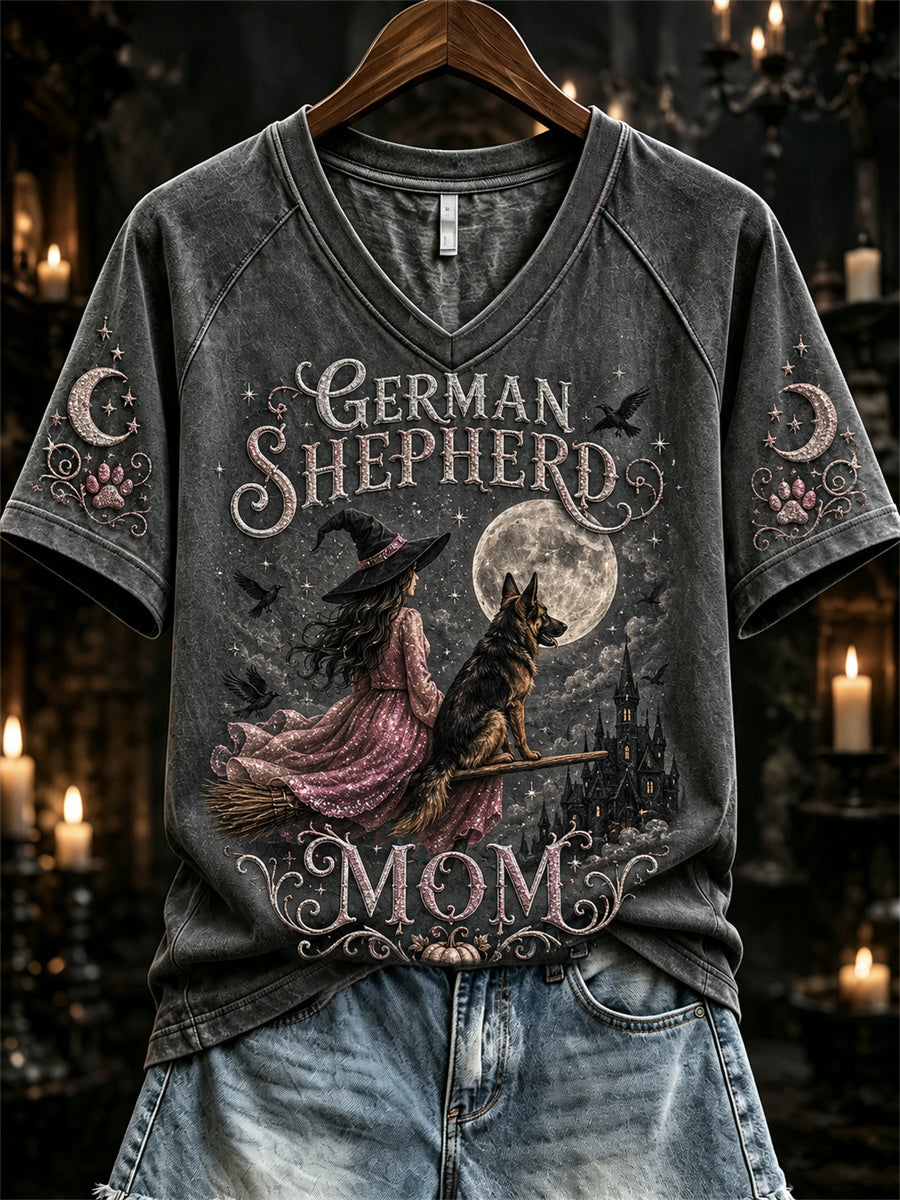 Women's Halloween Pink Witch German Shepherd Mom Print short-sleeved T-shirt