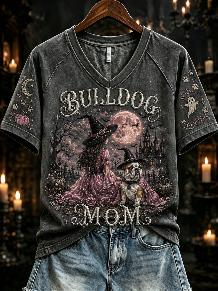 Women's Halloween Pink Witch Bulldog Mom Print short-sleeved T-shirt