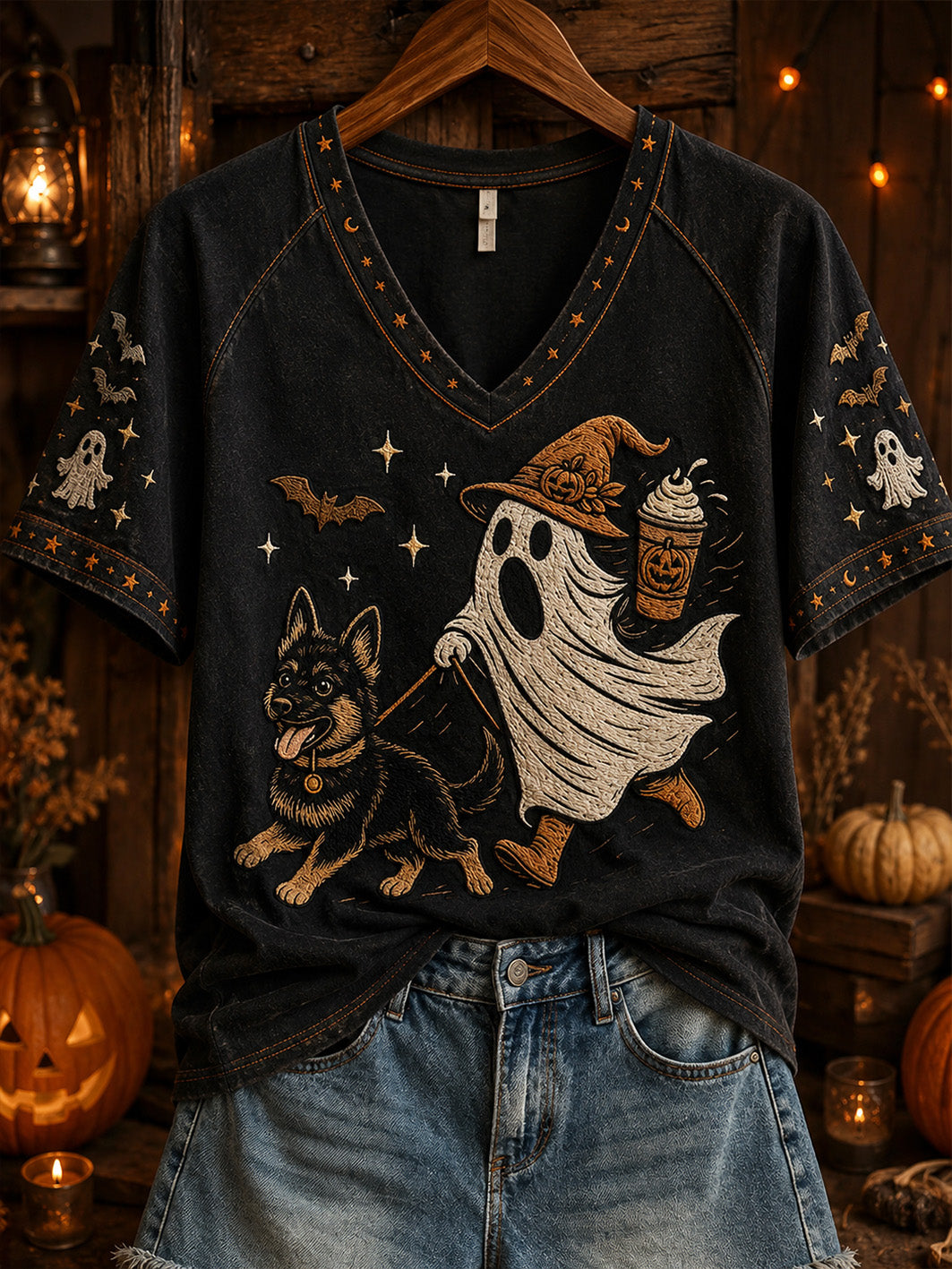 Women's Halloween Boo And Dog Pattern Printed Casual Short Sleeve T-Shirt
