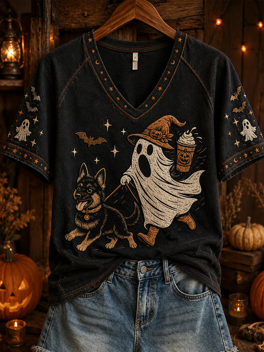 Women's Halloween Boo And Dog Pattern Printed Casual Short Sleeve T-Shirt