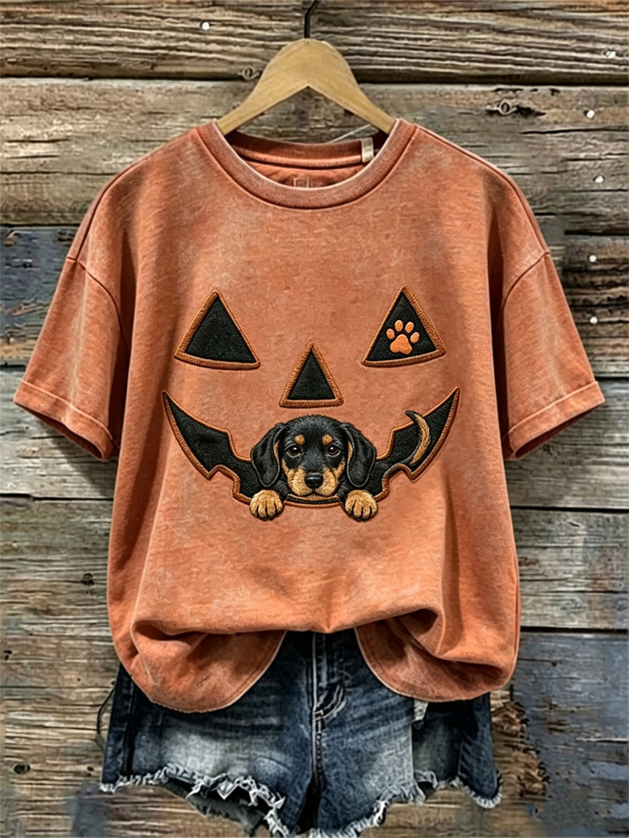 Women's Halloween Peeking Dachshund Dog Pumpkin Face Print short-sleeved T-shirt