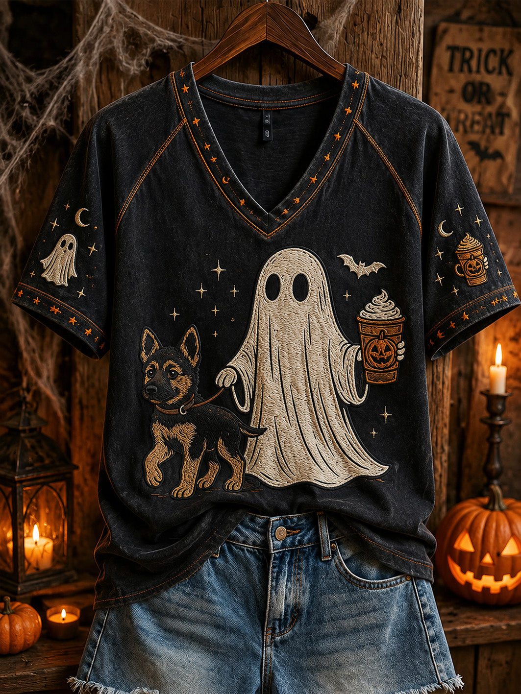 Women's Halloween Boo And Dog Pattern Printed Casual Short Sleeve T-Shirt